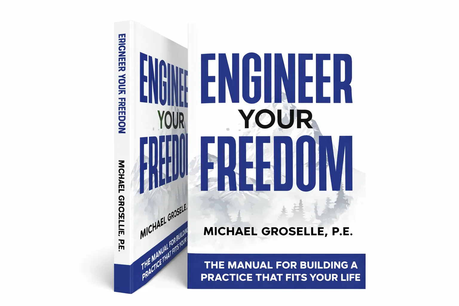 The paperback of Engineer Your Freedom standing at an angle, showing its spine and front cover.