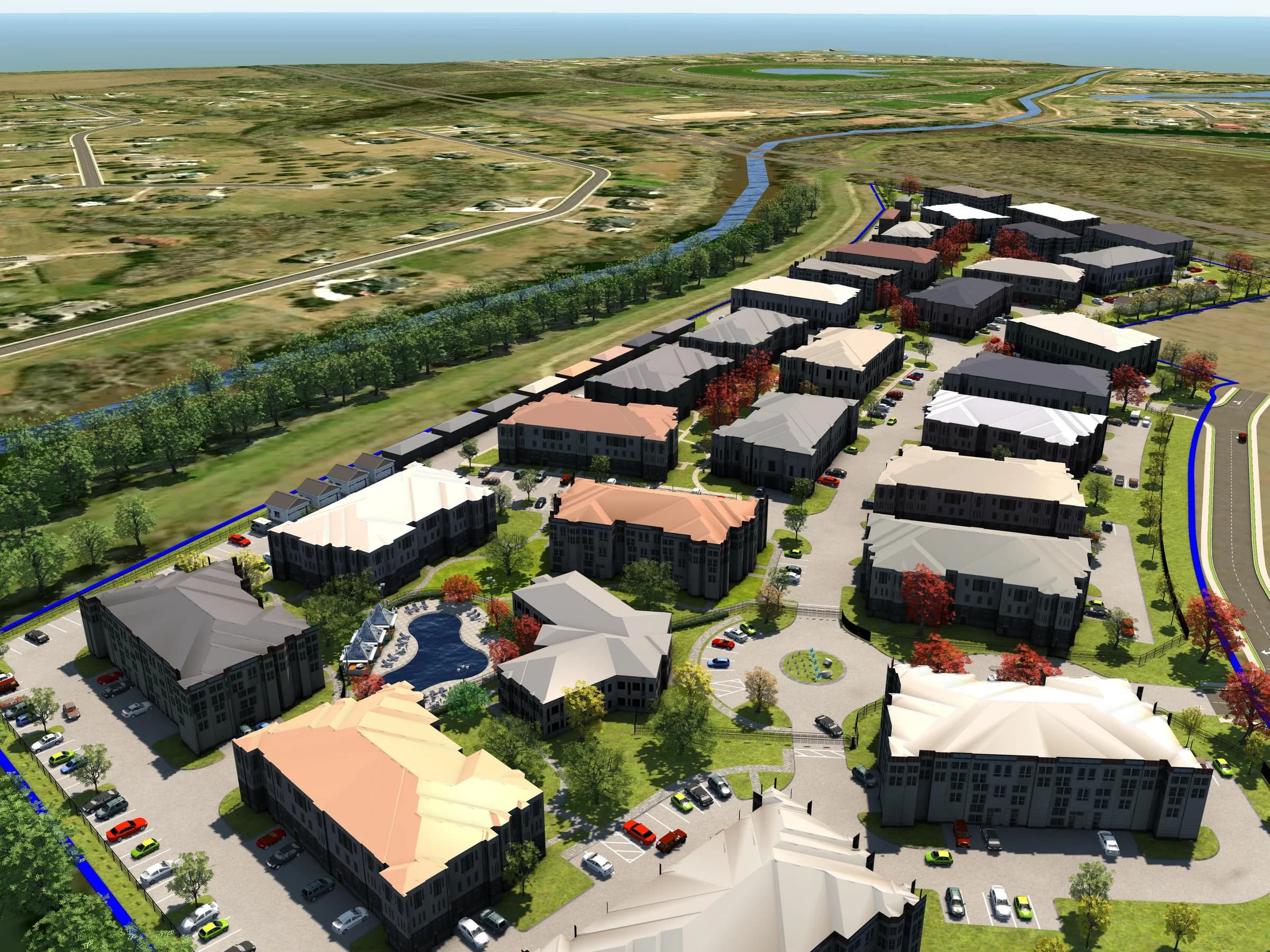 Aerial rendering of a planned multifamily apartment community with a pool, parking areas and a drainage channel running along its edge.