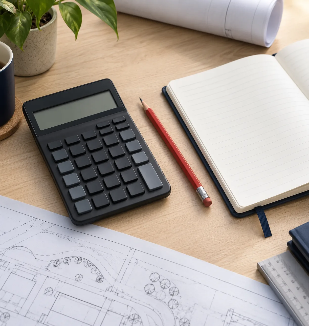 Desk with a calculator, red pencil, open blank notebook and site plan drawings, with rolled plans, a plant and a coffee mug nearby.