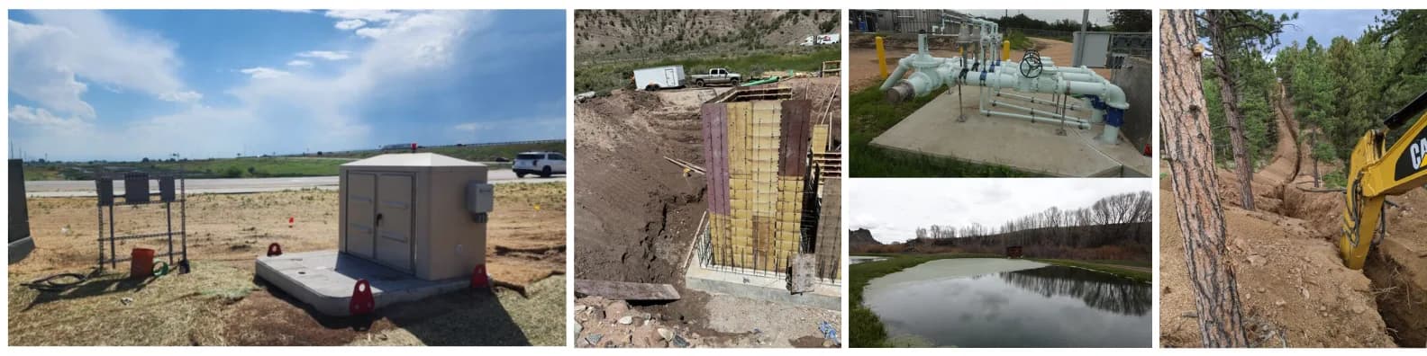 Collage of four site photos: a roadside equipment cabinet on a concrete pad, concrete formwork in an excavation, piping on a pad, a pond, and a trench in a pine forest.